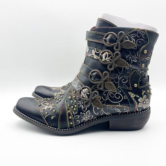 L'ARTISTE Womens Rodeha Ankle Boots US 9 M EU 40 Black Leather Hand Painted NWOB - Picture 9 of 14